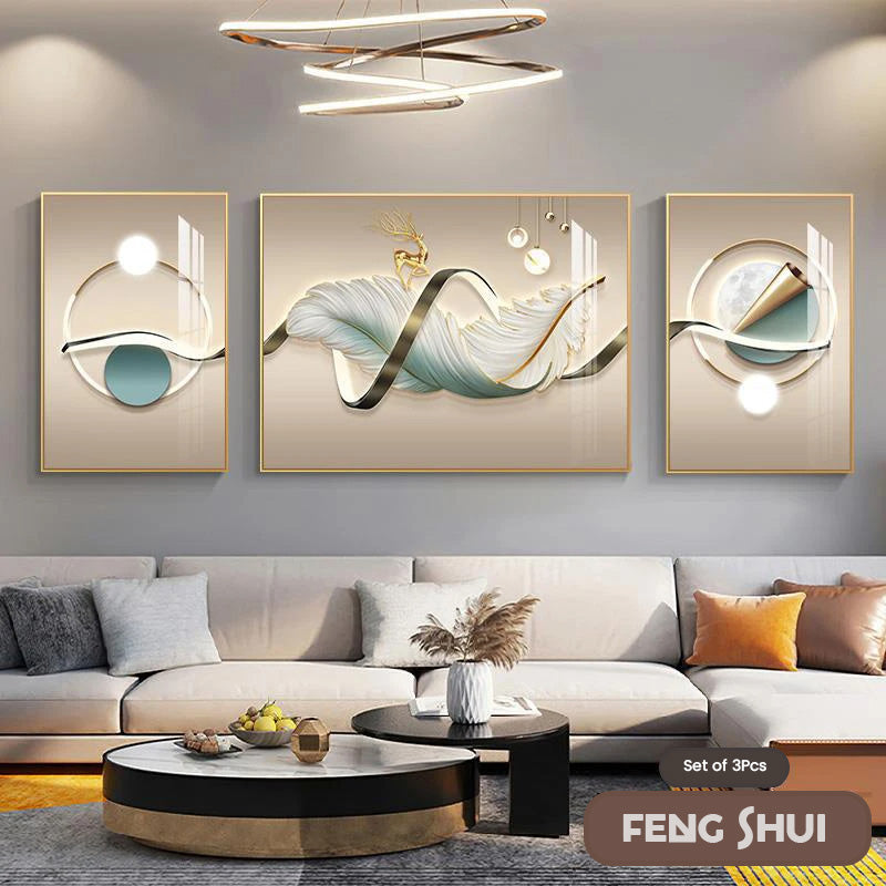 Set aus 3 Stück Modern Aesthetics Triptychon Licht Luxus Feder Abstrakte Wandkunst Feine Kunst Leinwanddrucke Feng Shui Bilder für modernes Wohnzimmer | Karnz