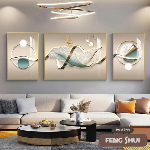 Set aus 3 Stück Modern Aesthetics Triptychon Licht Luxus Feder Abstrakte Wandkunst Feine Kunst Leinwanddrucke Feng Shui Bilder für modernes Wohnzimmer | Karnz