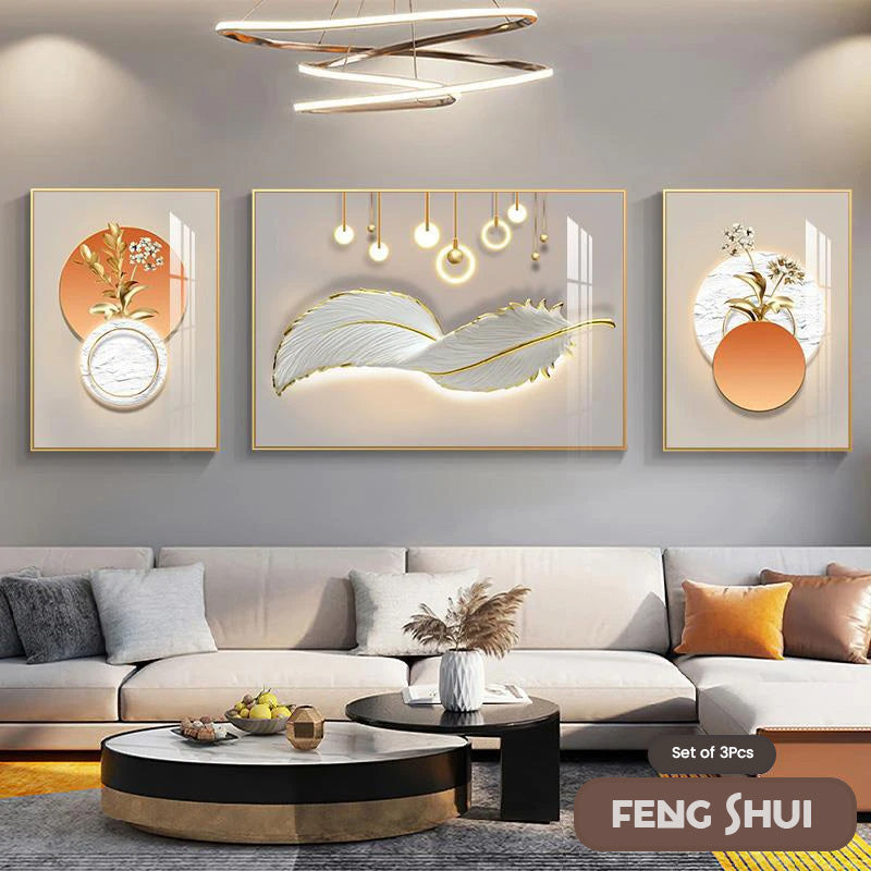 Set aus 3 Stück Modern Aesthetics Triptychon Licht Luxus Feder Abstrakte Wandkunst Feine Kunst Leinwanddrucke Feng Shui Bilder für modernes Wohnzimmer | Karnz