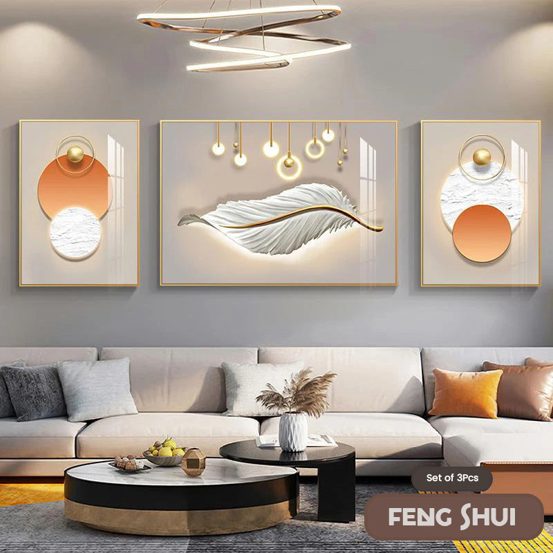 Set aus 3 Stück Modern Aesthetics Triptychon Licht Luxus Feder Abstrakte Wandkunst Feine Kunst Leinwanddrucke Feng Shui Bilder für modernes Wohnzimmer | Karnz