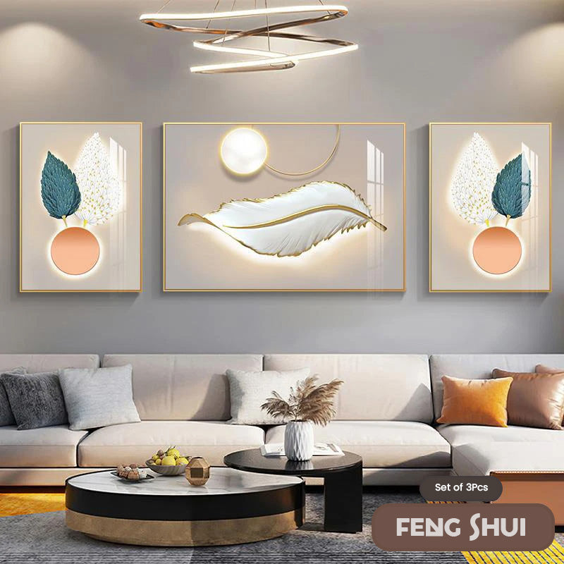 Set aus 3 Stück Modern Aesthetics Triptychon Licht Luxus Feder Abstrakte Wandkunst Feine Kunst Leinwanddrucke Feng Shui Bilder für modernes Wohnzimmer | Karnz