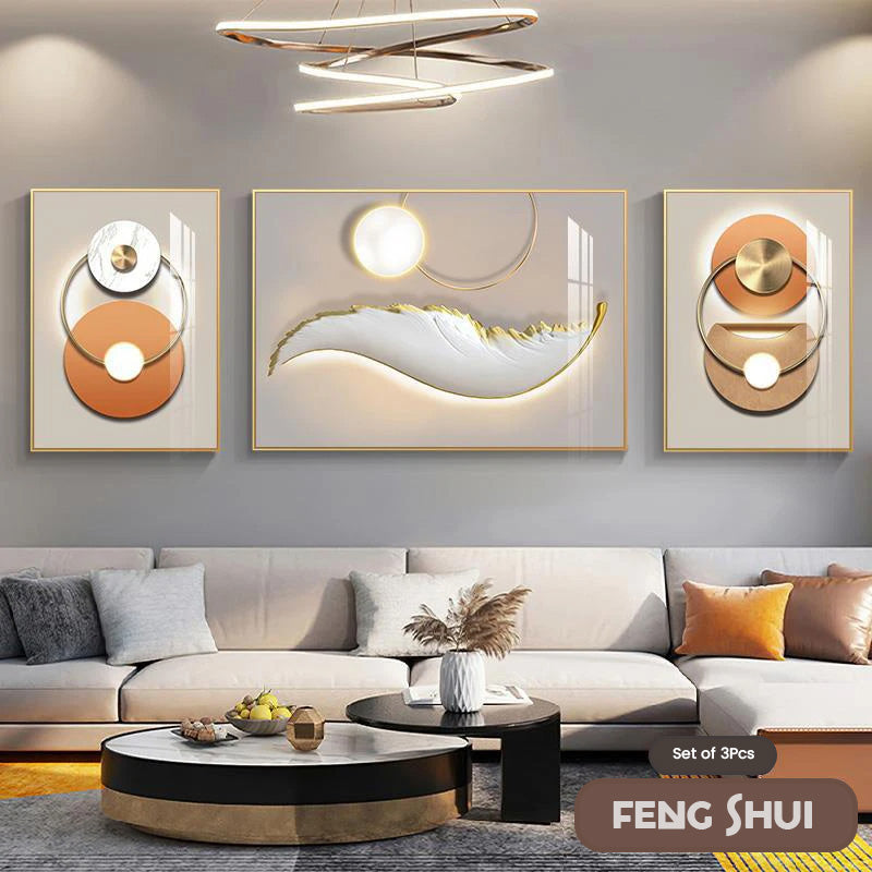 Set aus 3 Stück Modern Aesthetics Triptychon Licht Luxus Feder Abstrakte Wandkunst Feine Kunst Leinwanddrucke Feng Shui Bilder für modernes Wohnzimmer | Karnz