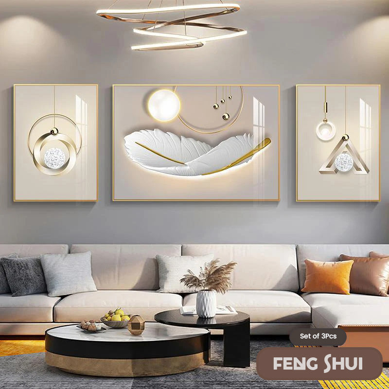 Set aus 3 Stück Modern Aesthetics Triptychon Licht Luxus Feder Abstrakte Wandkunst Feine Kunst Leinwanddrucke Feng Shui Bilder für modernes Wohnzimmer | Karnz