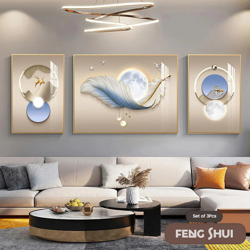 Set aus 3 Stück Modern Aesthetics Triptychon Licht Luxus Feder Abstrakte Wandkunst Feine Kunst Leinwanddrucke Feng Shui Bilder für modernes Wohnzimmer | Karnz