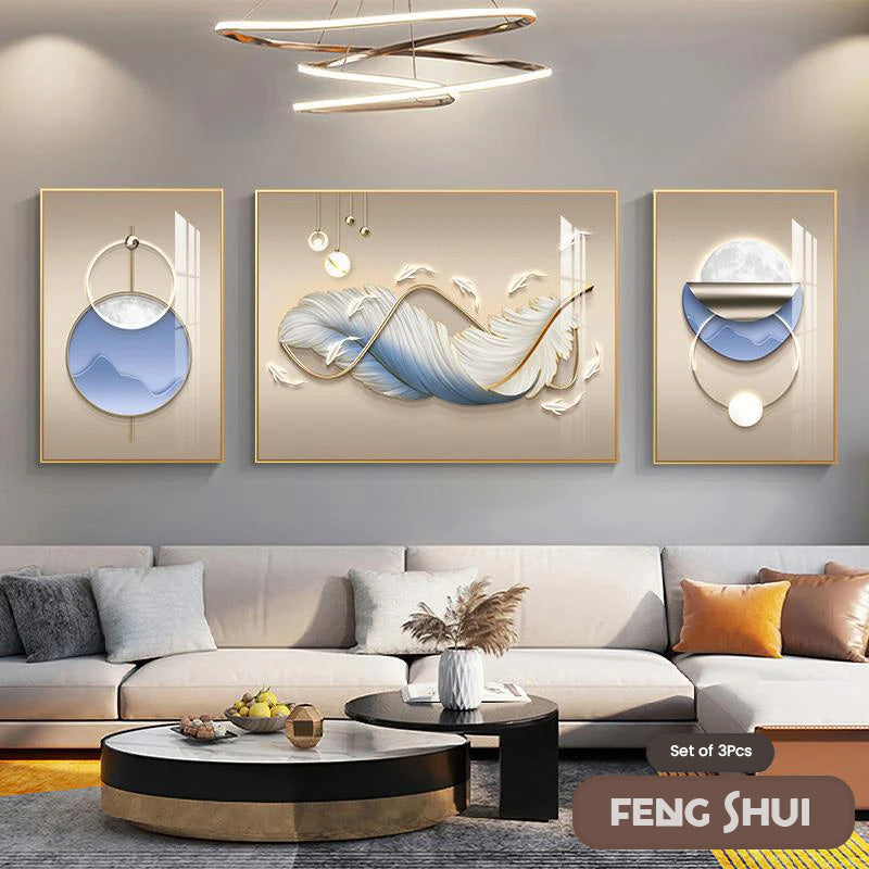 Set aus 3 Stück Modern Aesthetics Triptychon Licht Luxus Feder Abstrakte Wandkunst Feine Kunst Leinwanddrucke Feng Shui Bilder für modernes Wohnzimmer | Karnz