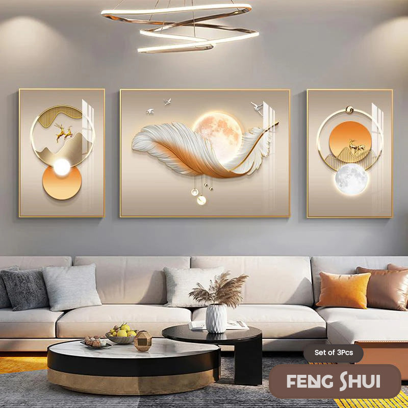 Set aus 3 Stück Modern Aesthetics Triptychon Licht Luxus Feder Abstrakte Wandkunst Feine Kunst Leinwanddrucke Feng Shui Bilder für modernes Wohnzimmer | Karnz