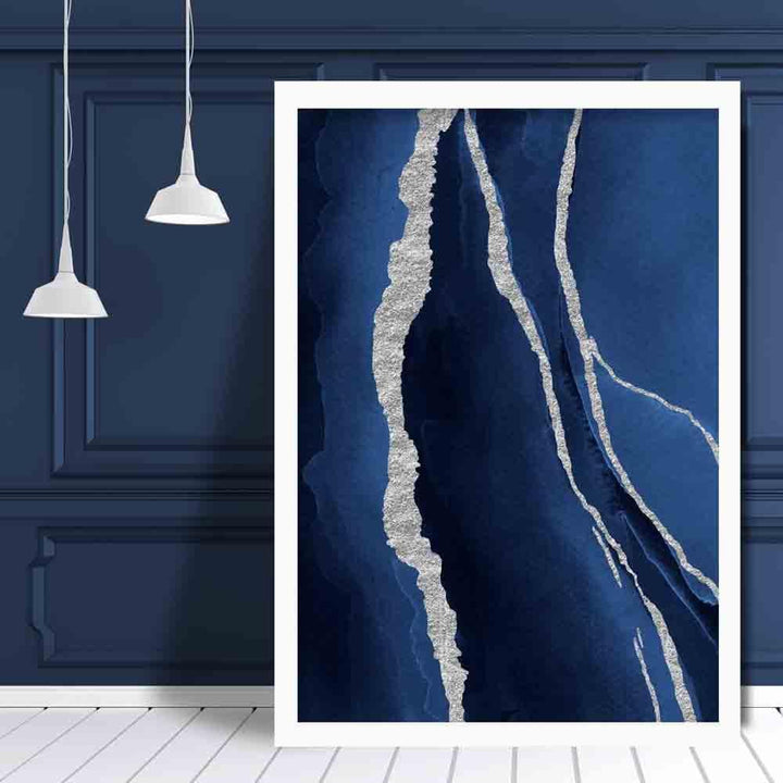 Abstrakter Kunstdruck in Marineblau und Silber Nr. 1