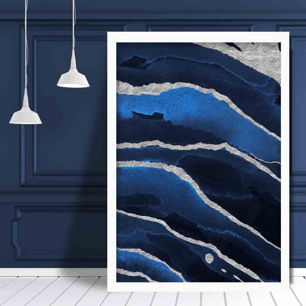 Abstrakter Kunstdruck in Marineblau und Silber Nr. 2
