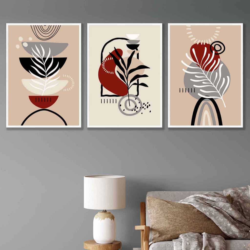 Boho-Blumen-Set, 3 Wandbilder in Schwarz, Beige, Rot und Grau