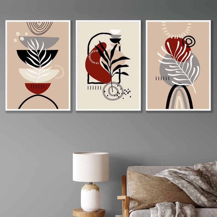 Boho-Blumen-Set, 3 Wandbilder in Schwarz, Beige, Rot und Grau