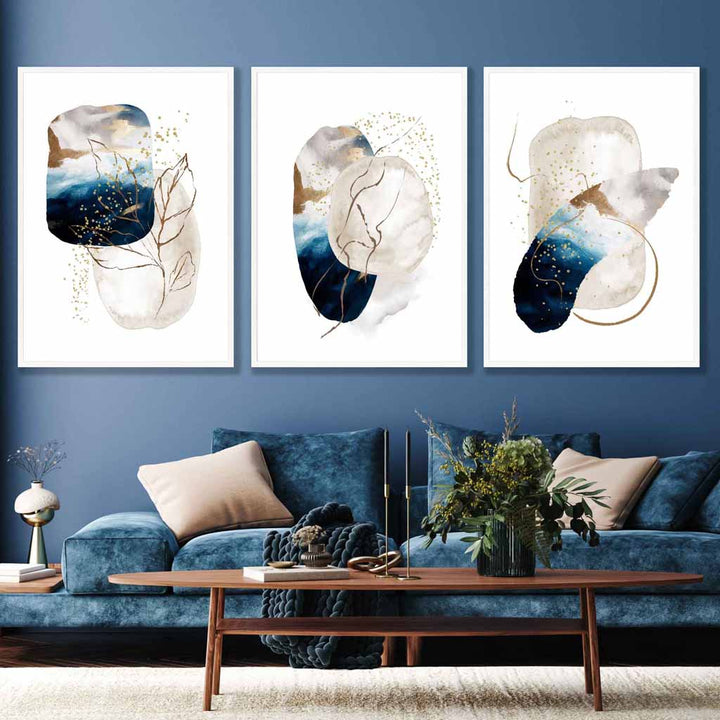 Abstraktes, strukturiertes Wandbild-Set in Marineblau, Elfenbein und Gold (3-teilig)