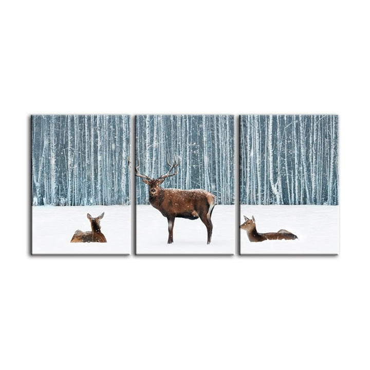 Zwei Rehe und ein Hirsch im Winter - Leinwandbild, 3-teilig