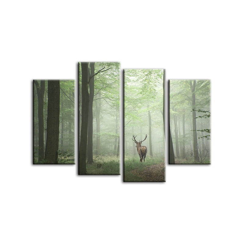 4 Stück Neblige Mystische Rehe im Wald - Leinwand Wandkunst Gemälde