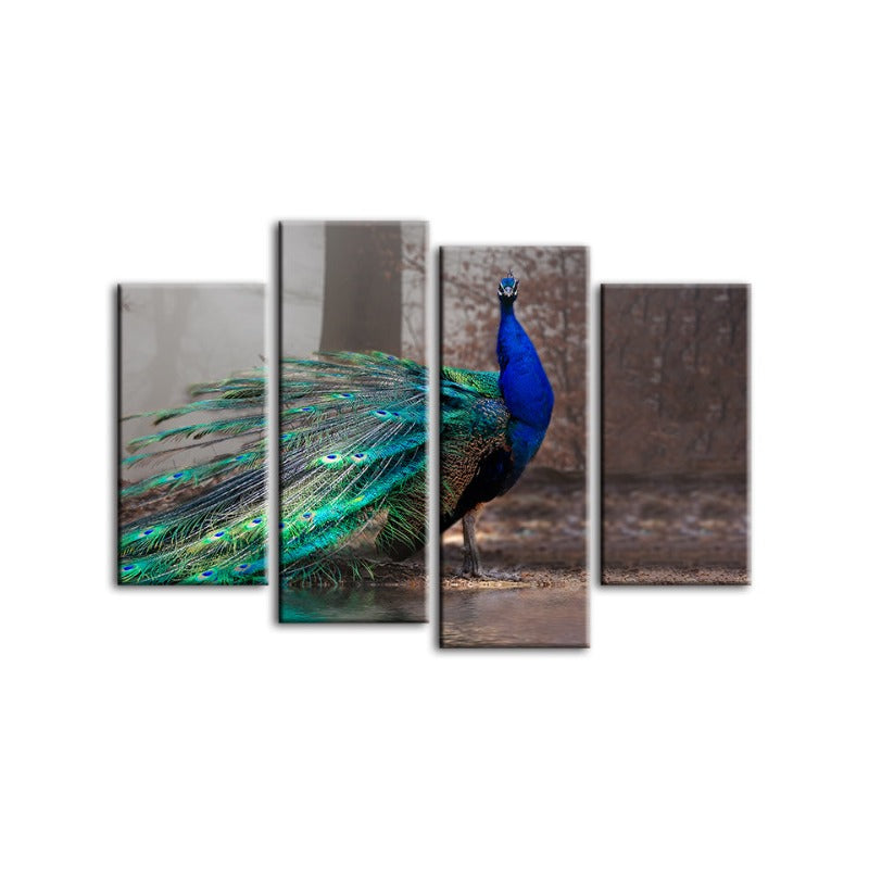 4-teiliges lebhaftes Pfau am Teich - Leinwand Wandkunst Gemälde