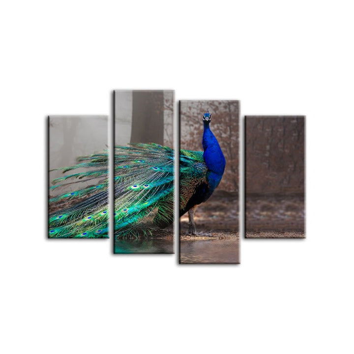 4-teiliges lebhaftes Pfau am Teich - Leinwand Wandkunst Gemälde