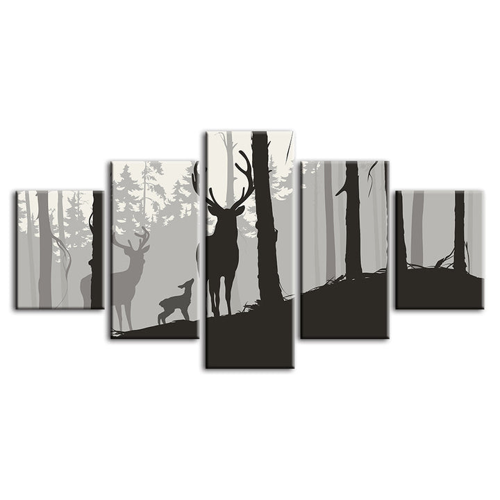 Silhouette einer Hirschfamilie, 5-teilig - Leinwandbild