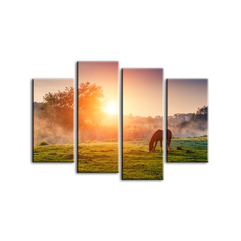 4-teilige Sonnenaufgang Weidepferd - Leinwand Wandkunst Malerei