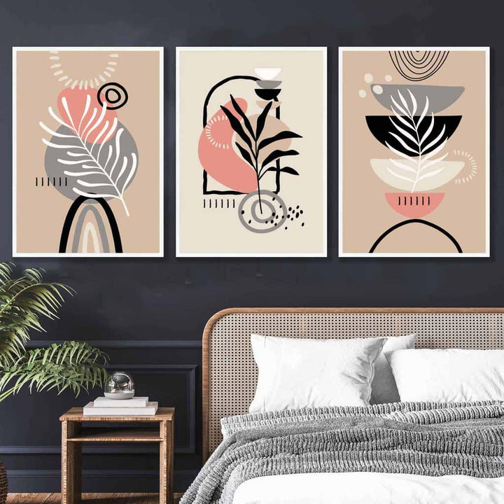 Boho-Stil, abstraktes 3er-Set Wandbilder in Rosa, Schwarz, Beige und Grau