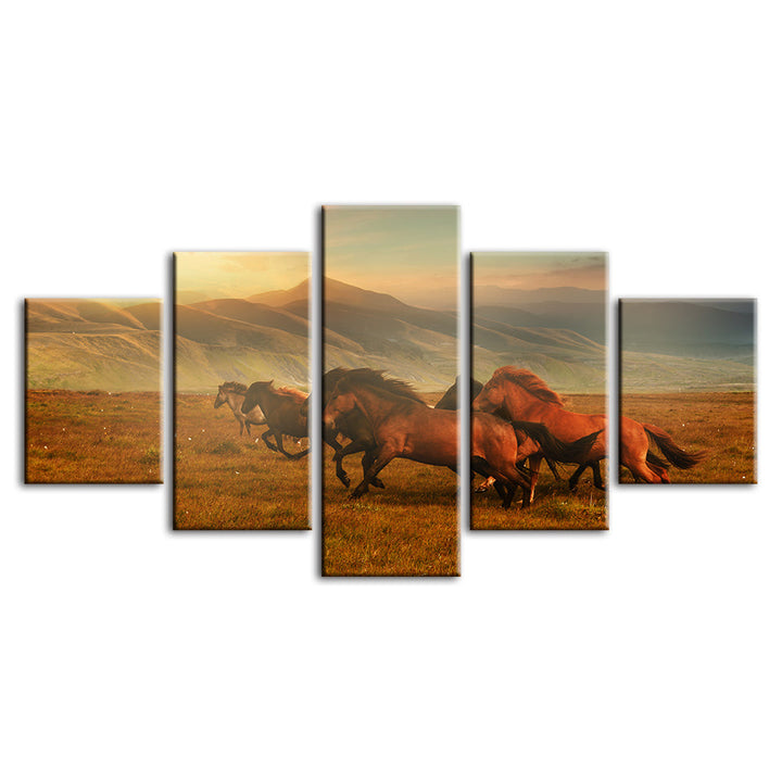5-teilige Laufende Pferde mit schönem Landschaft - Leinwand Wandkunst Malerei