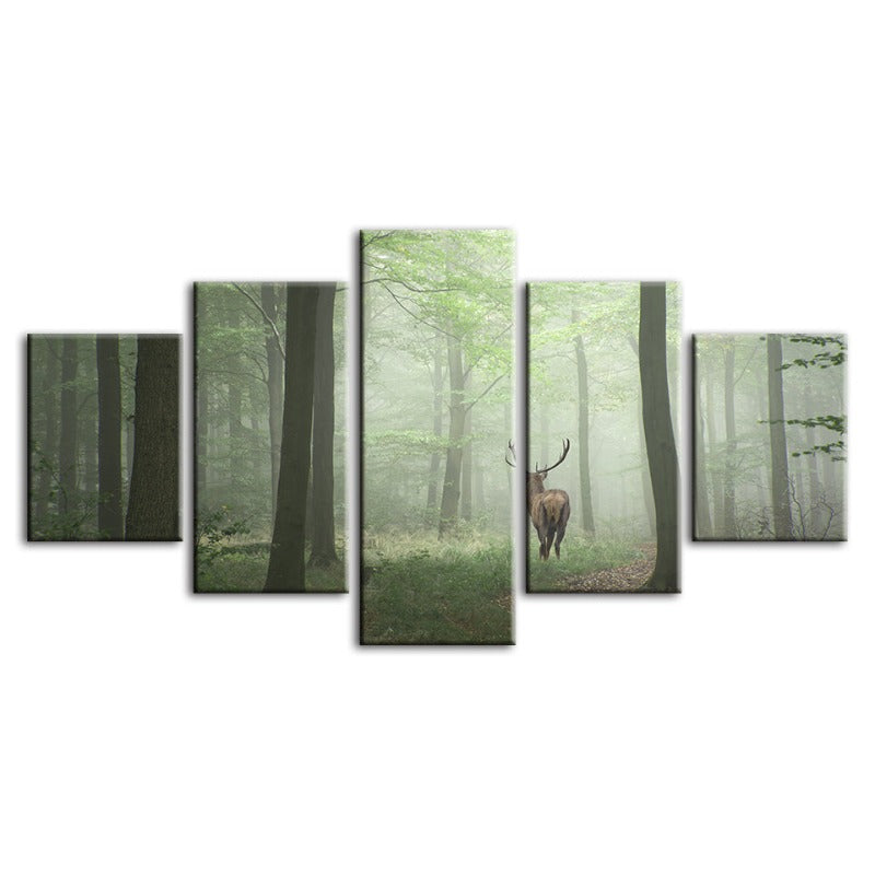 5 Stück Nebel Mystische Rehe Im Wald - Leinwand Wandkunst Gemälde