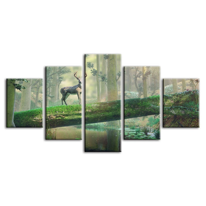 5-teilige verzauberte Wald Hirsch - Leinwand Wandkunst Malerei