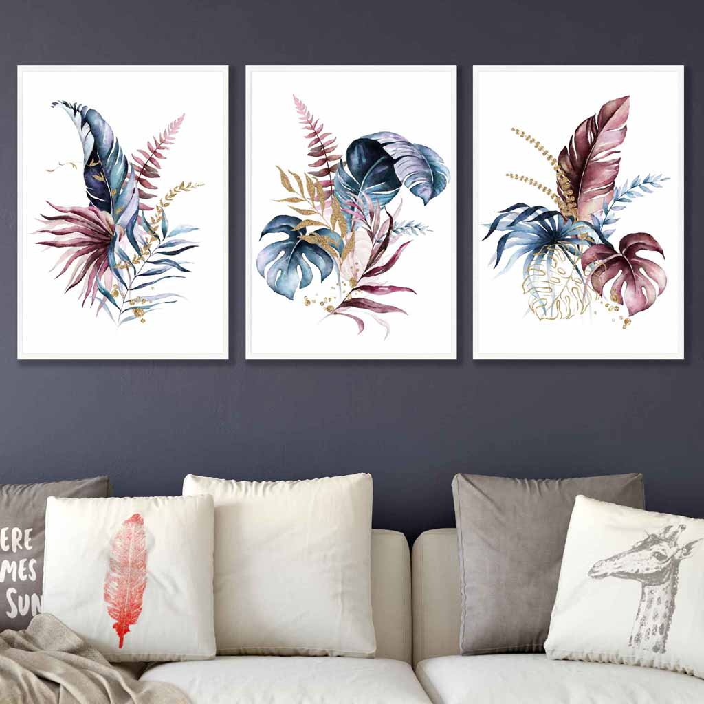 Botanisches Set aus 3 rosa-blauen floralen Wandbildern