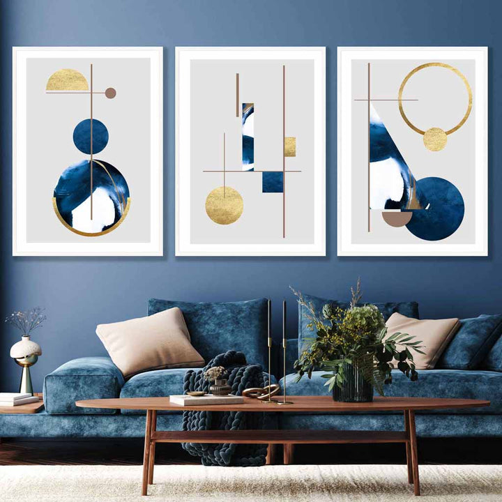 Abstraktes Set aus 3 strukturierten geometrischen Wandbildern in Marineblau und Gold
