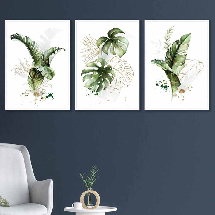 Botanisches Set aus 3 grünen und goldenen floralen Wandbildern