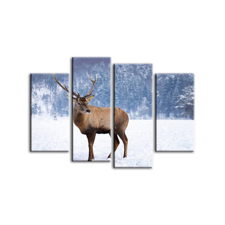 4-teilige verschneite Landschaft Reh - Leinwand Wandkunst Gemälde