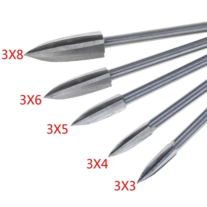 Karnz | 5-tlg. Holzschnitz- & Gravur-Bohrer Set | Hochgeschwindigkeitsstahl (HSS) | 3mm Universalschaft | Präzisionsfräser für Holz, Acryl & PVC | Professionelles DIY-Zubehör