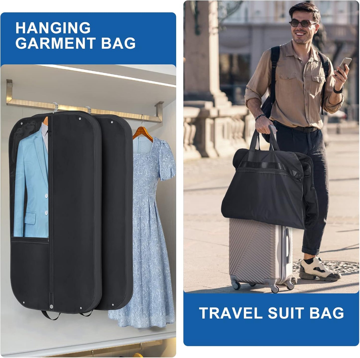Wasserfester Oxford-Garderobenbeutel – Anzugschutz mit Zwickel und Taschen (2er-Pack) | Karnz